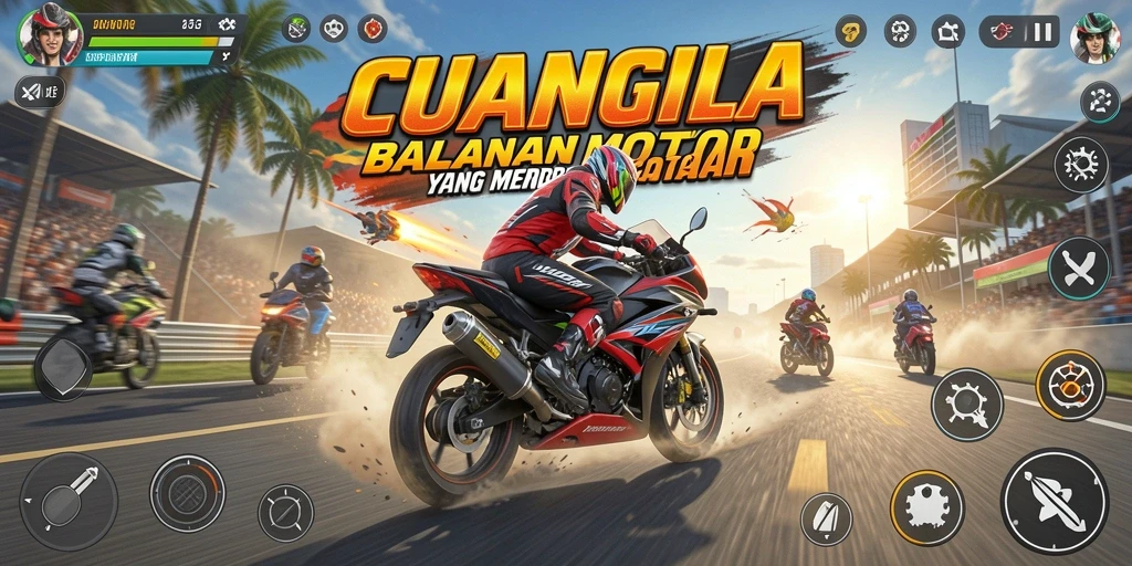 Tampilan gameplay menegangkan di CUANGILA dengan balapan motor yang cepat.
