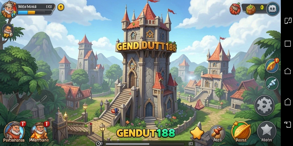 Screenshot utama GENDUT188 yang menunjukkan aksi menara mempertahankan basis.