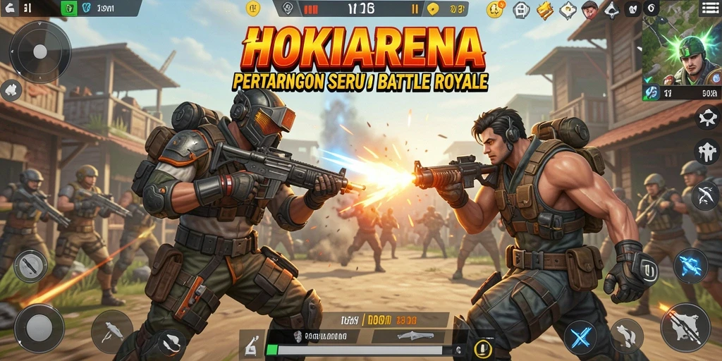 Gameplay HOKIARENA yang seru di arena Battle Royale.