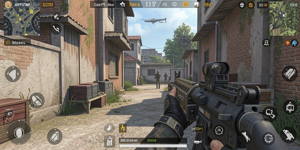 Tangkapan layar gameplay JOYPUTAR dengan aksi menembak yang mendebarkan.