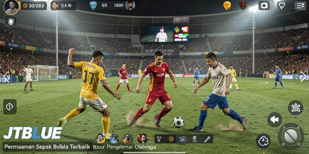 Screenshot JTBLUE menunjukkan gameplay intens di lapangan sepak bola.