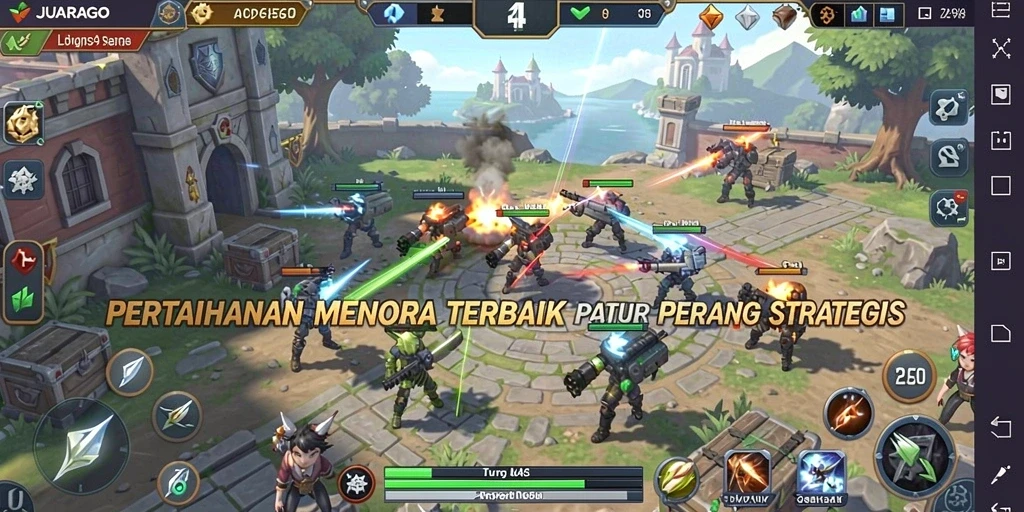 Tampilan screenshot JUARAGO saat menara bertahan dari gelombang musuh.