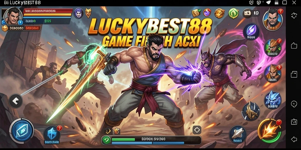 Tangkapan layar gameplay LUCKYBEST88 menunjukkan pertarungan epik dan karakter yang dinamis.