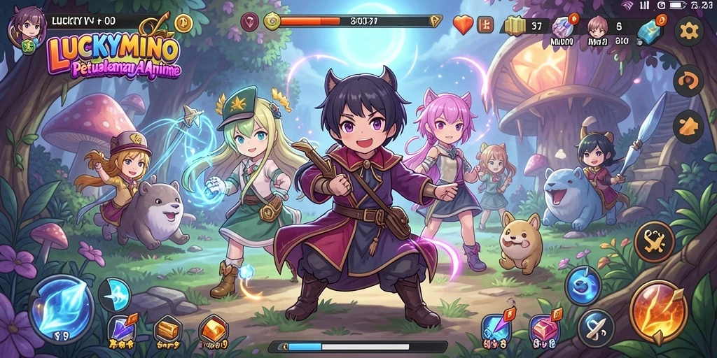 Tangkapan layar gameplay LUCKYMINO menampilkan karakter anime yang dinamis.