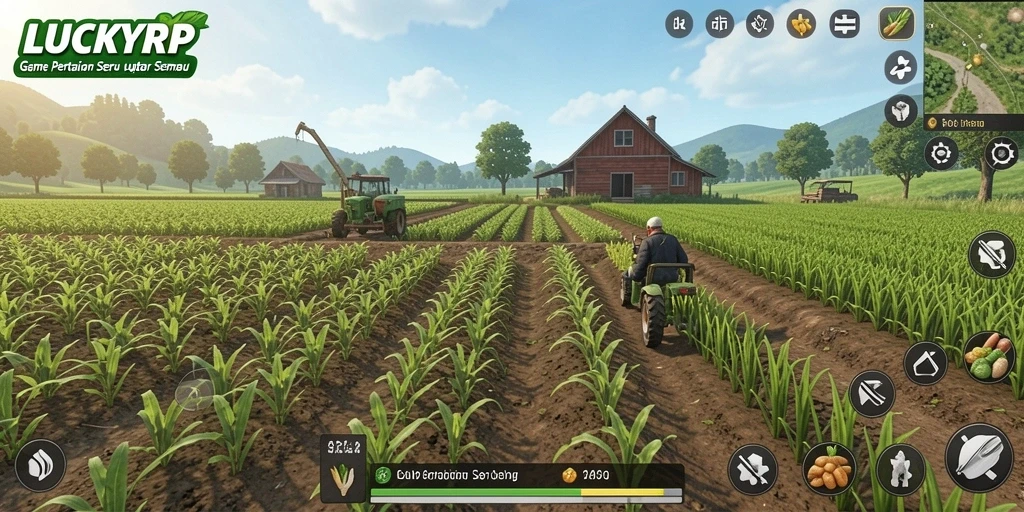 Screenshot gameplay LUCKYRP menampilkan kebun subur dan aktivitas bertani.