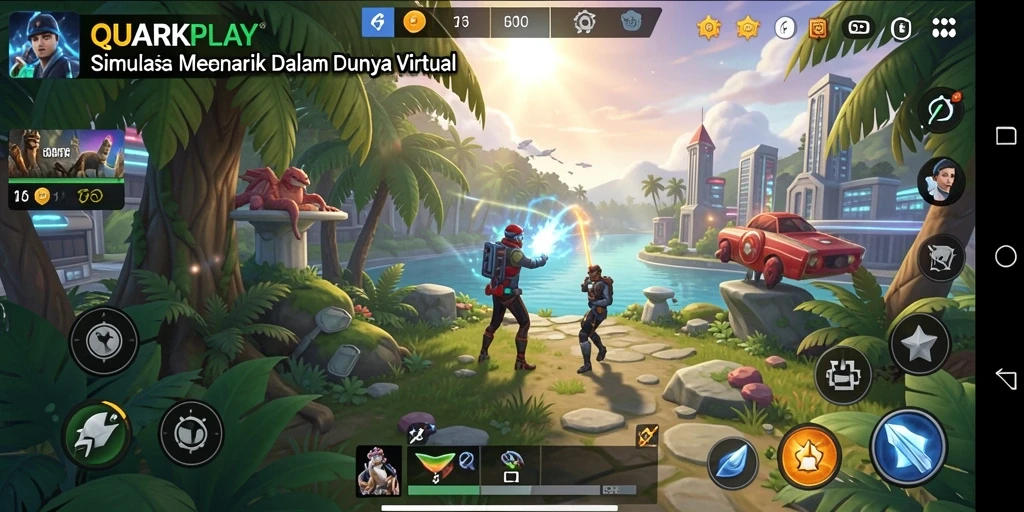 Tangkapan layar utama QUARKPLAY menampilkan gameplay simulasi yang menarik.