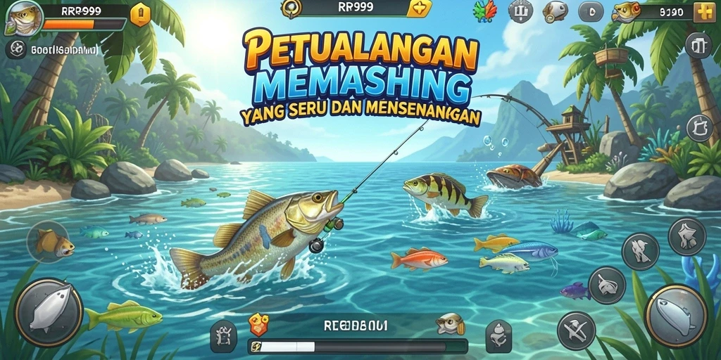 Tampilan gameplay RR999 yang menampilkan aktivitas memancing yang seru dan menyenangkan.