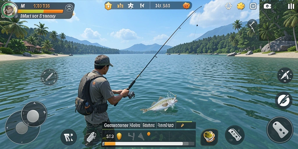 Screenshot gameplay S13 menampilkan momen seru saat memancing di laut.