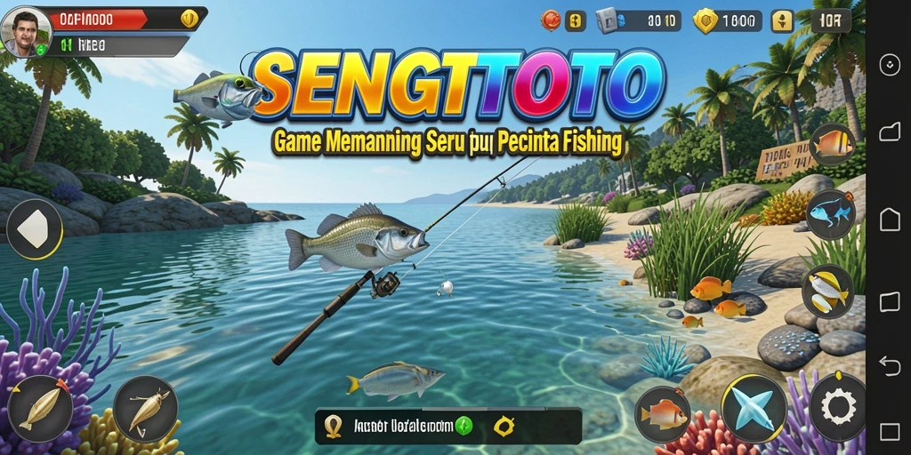 Screenshot gameplay SENGTOTO menampilkan keseruan memancing ikan di lokasi indah.