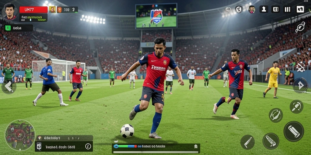 Gameplay UH77 menunjukkan kehebohan pertandingan sepak bola.