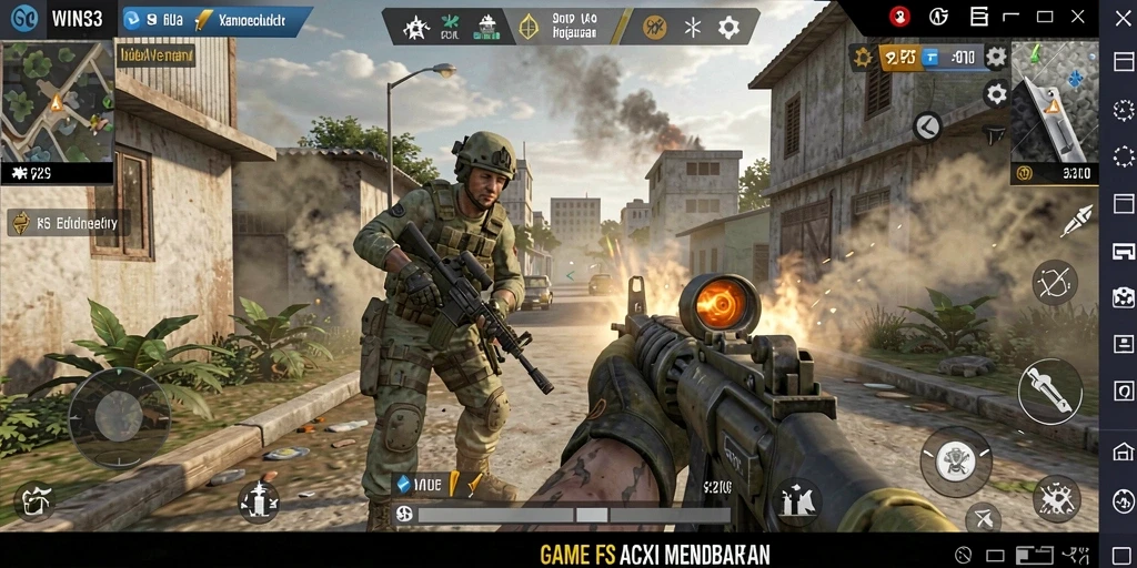 Screenshot gameplay <strong>WIN33</strong> menunjukkan aksi tembak menembak di medan perang.
