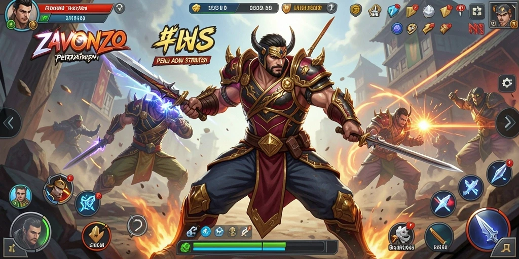 Tangkapan layar utama ZAVONZO menunjukkan pertarungan intens dengan efek visual yang menawan.
